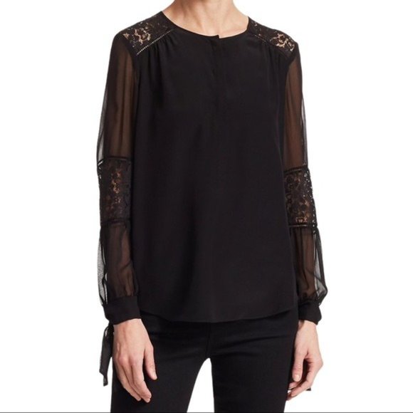 REBECCA TAYLOR Sarah Silk Lace-Panel Top in Black - Size 6 NWT - Picture 4 of 6